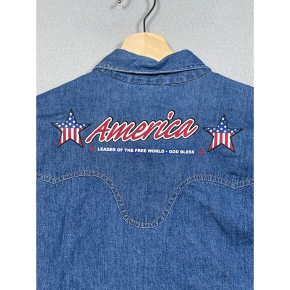 Rosettes Western Denim Shirt Women Large Snap Front  Embroidered America USA - Picture 11 of 12